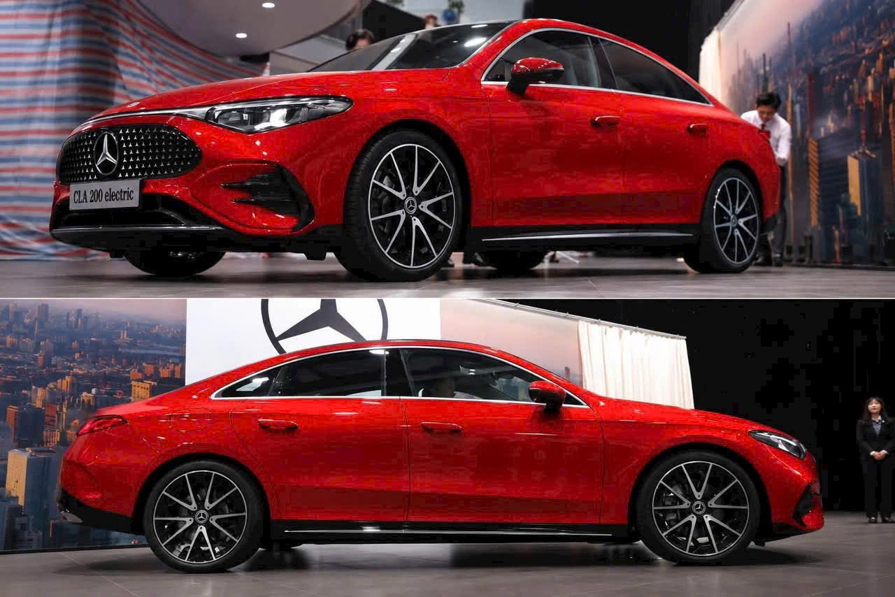 Mercedes-Benz CLA 200 electric màu đỏ nhìn từ trước và bên hông